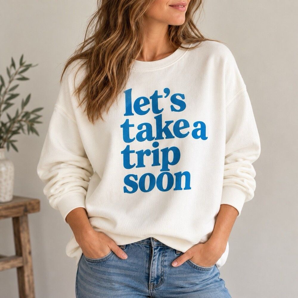 Ascot + Hart Lets Take a Trip Soon Graphic Sweatshirt Womens M White Crewneck